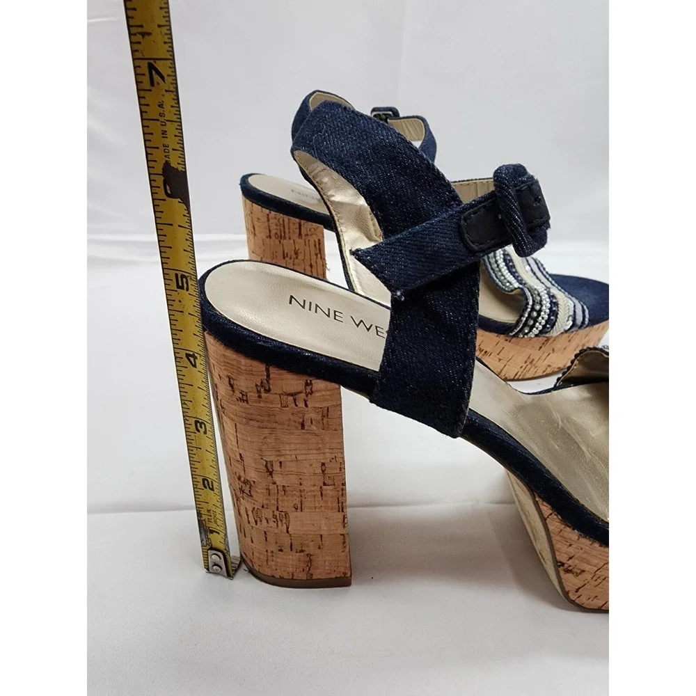 Nine West Womens Platform Sandal Block Heel Denim Open Toe Black Beige Size 8.5